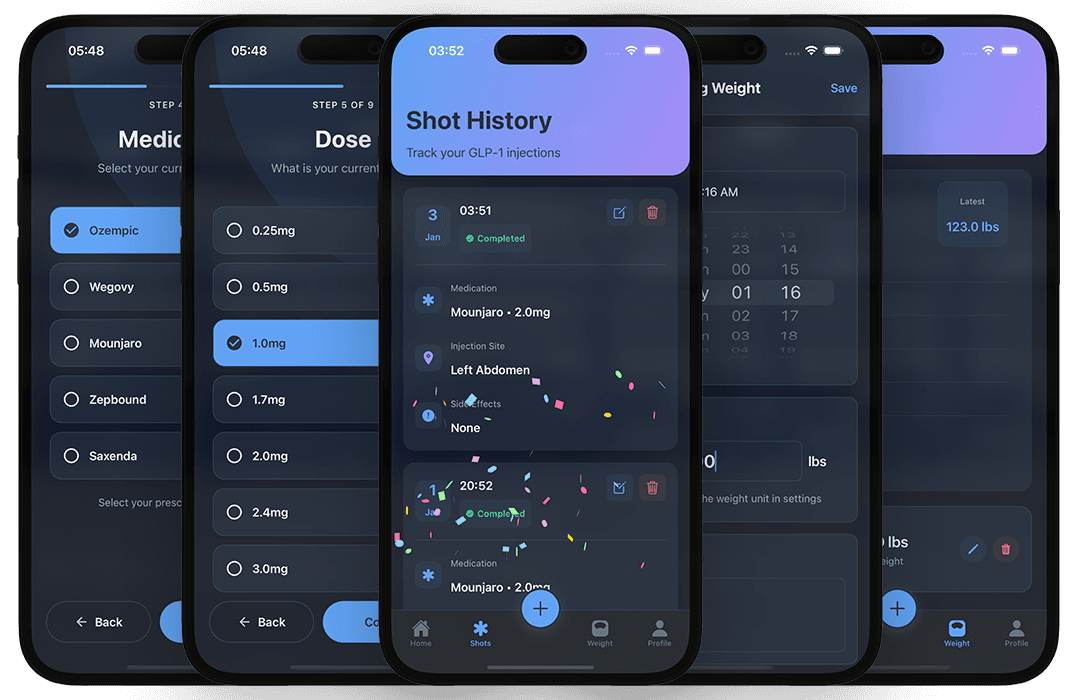 ShotWise App Interface showing medication tracking and injection site management