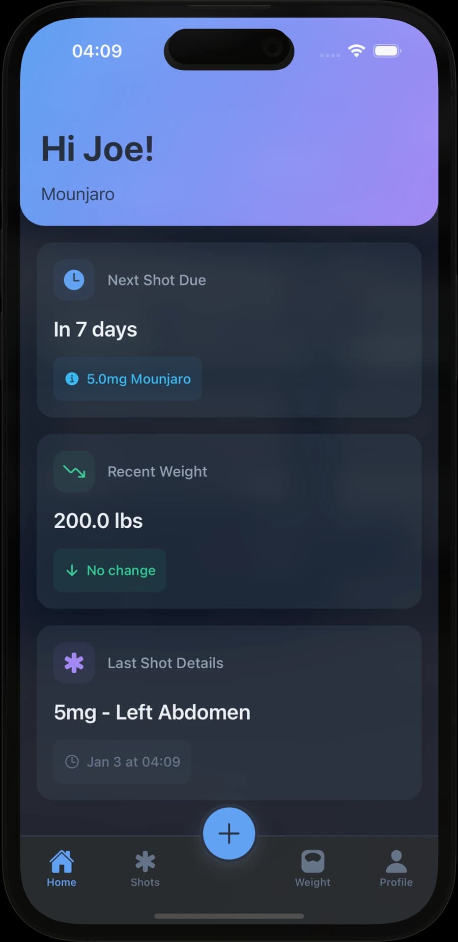 ShotWise home screen showing the next shot due in 7 days, recent weight and the last shot's injection site