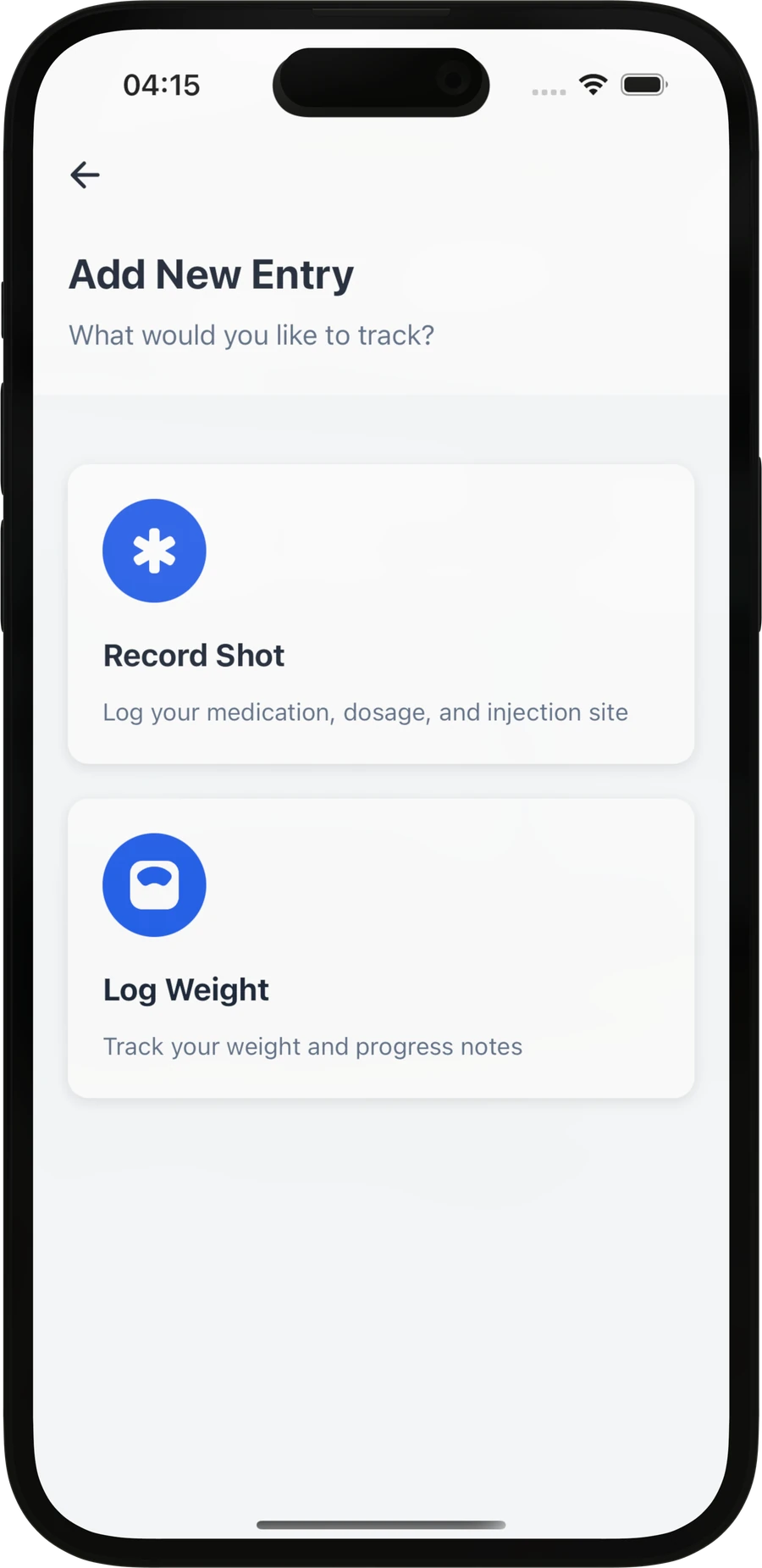 ShotWise Add New Entry screen with Record Shot and Log Weight options