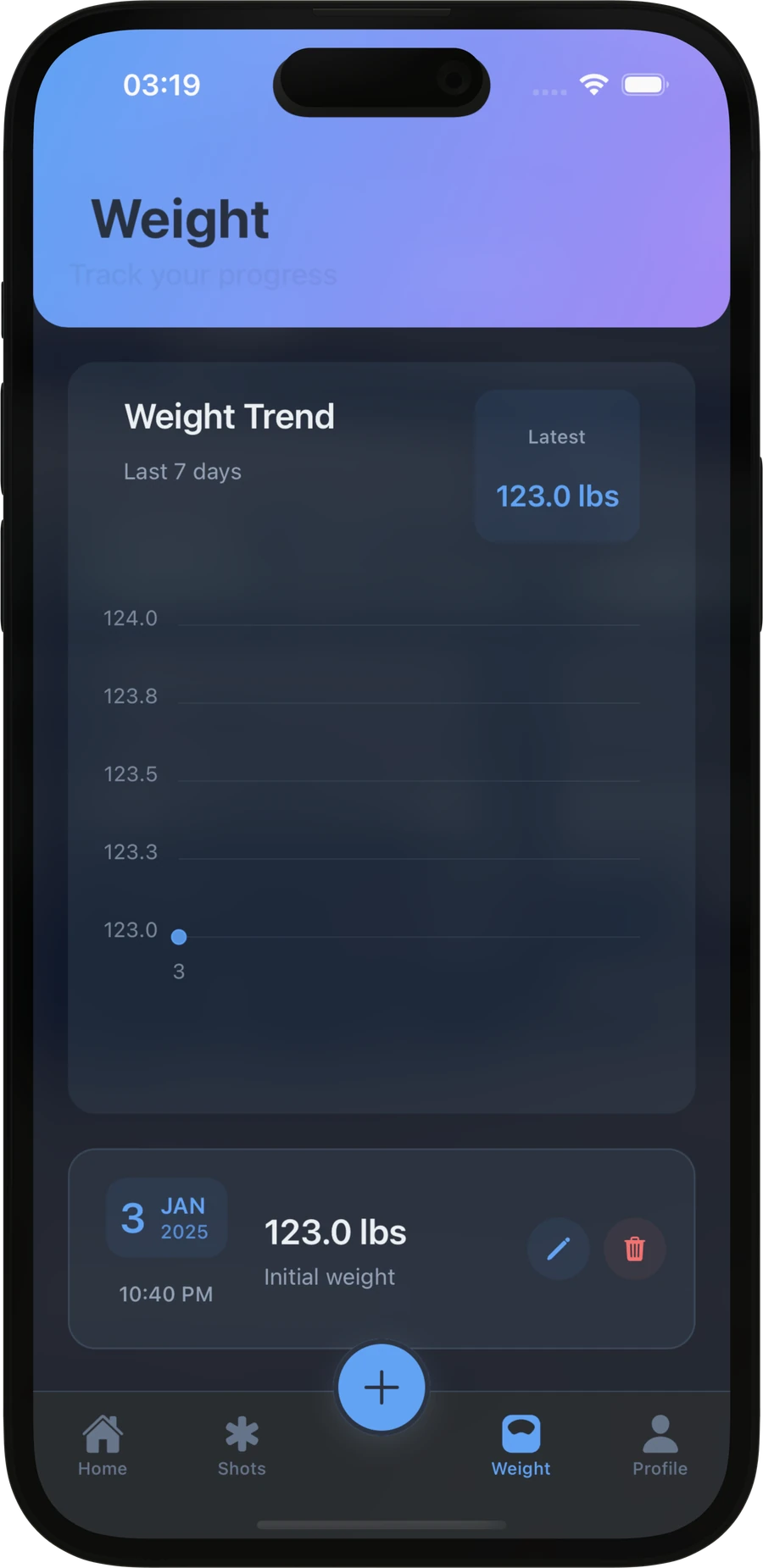 ShotWise weight screen with a weight trend chart, the latest weigh-in of 123.0 lbs and the weigh-in history